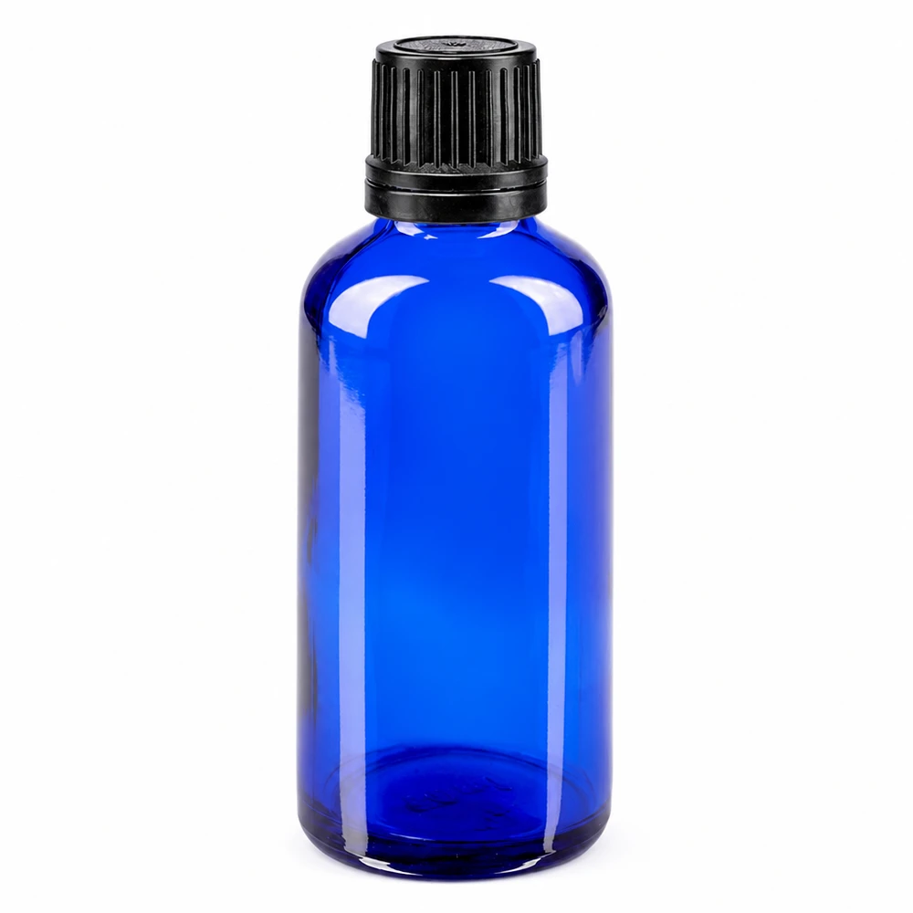 Apothekenflasche blau 50ml Schraubverschluss schwarz Giessring Originalitätsverschluss Blaue Glasflasche 50ml mit schwarzem OV-Verschluss aus hochwertigem Apothekerglas GR-Qualität