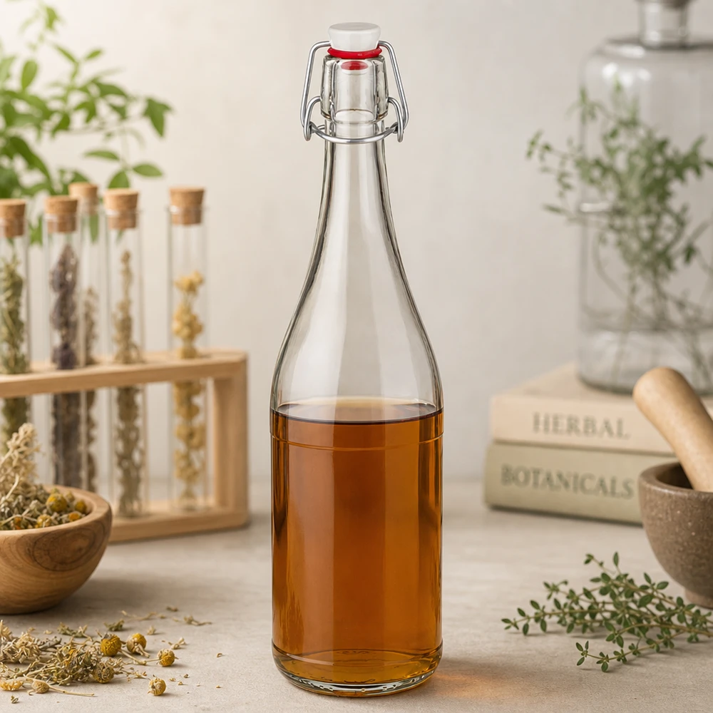 750ml Glasflasche Bügelverschluss mit Kräutertee befüllt Heilkräuter Botanik Stilleben natürliche Zutaten