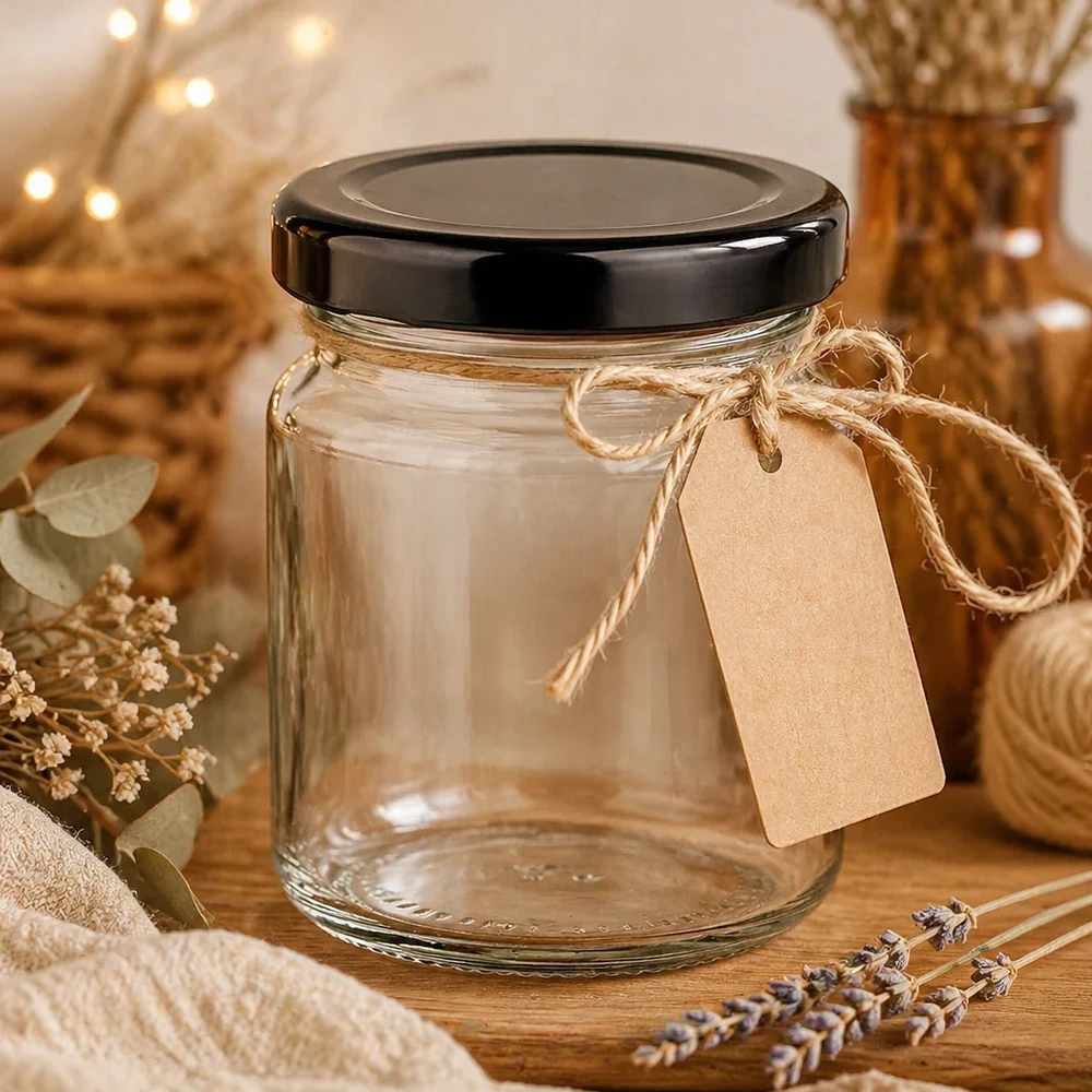 53ml Rundglas mit BasicSeal Deckel schwarz UNiTWIST 53ml Rundglas mit schwarzem Deckel und rustikaler Dekoration Bastschleife Geschenktag natürliche Aufbewahrung Glasdose