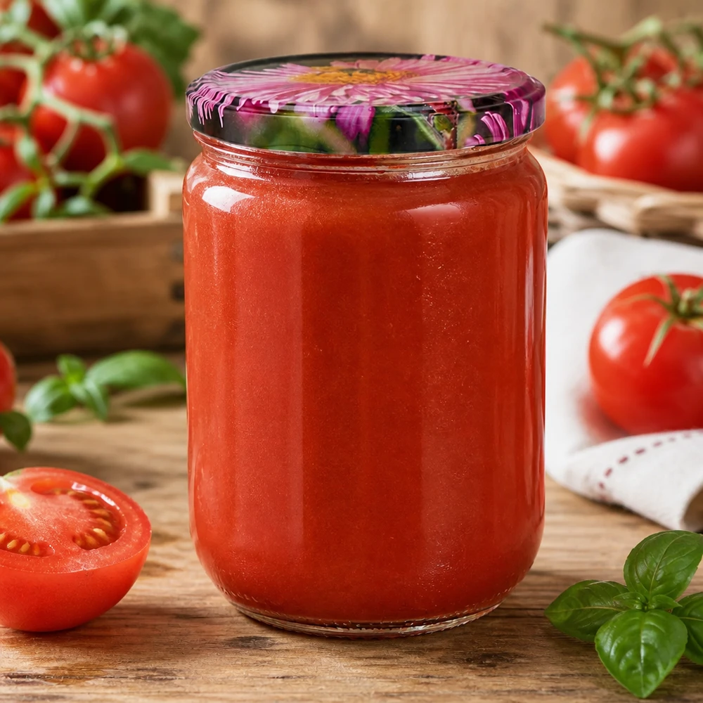 555ml Rundglas BasicSeal Blüte für selbst gemachte Tomatensoße mit Basilikum und Frischzutaten