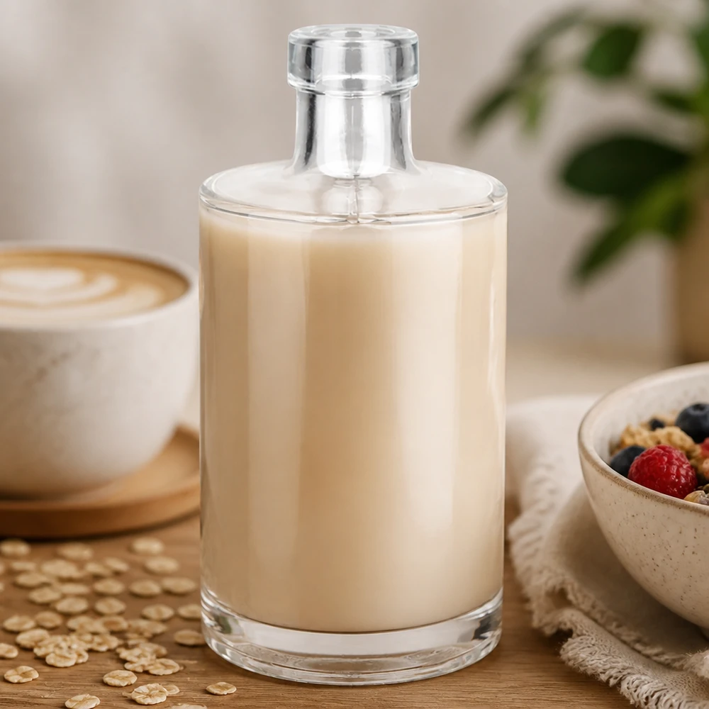 350ml Glasflasche "Marie" ohne Verschluss UNiTWIST 350ml Glasflasche Marie mit cremiger Hafermilch befüllt neben Kaffeetasse und Müslischale Lifestyle Bild 3 von 10