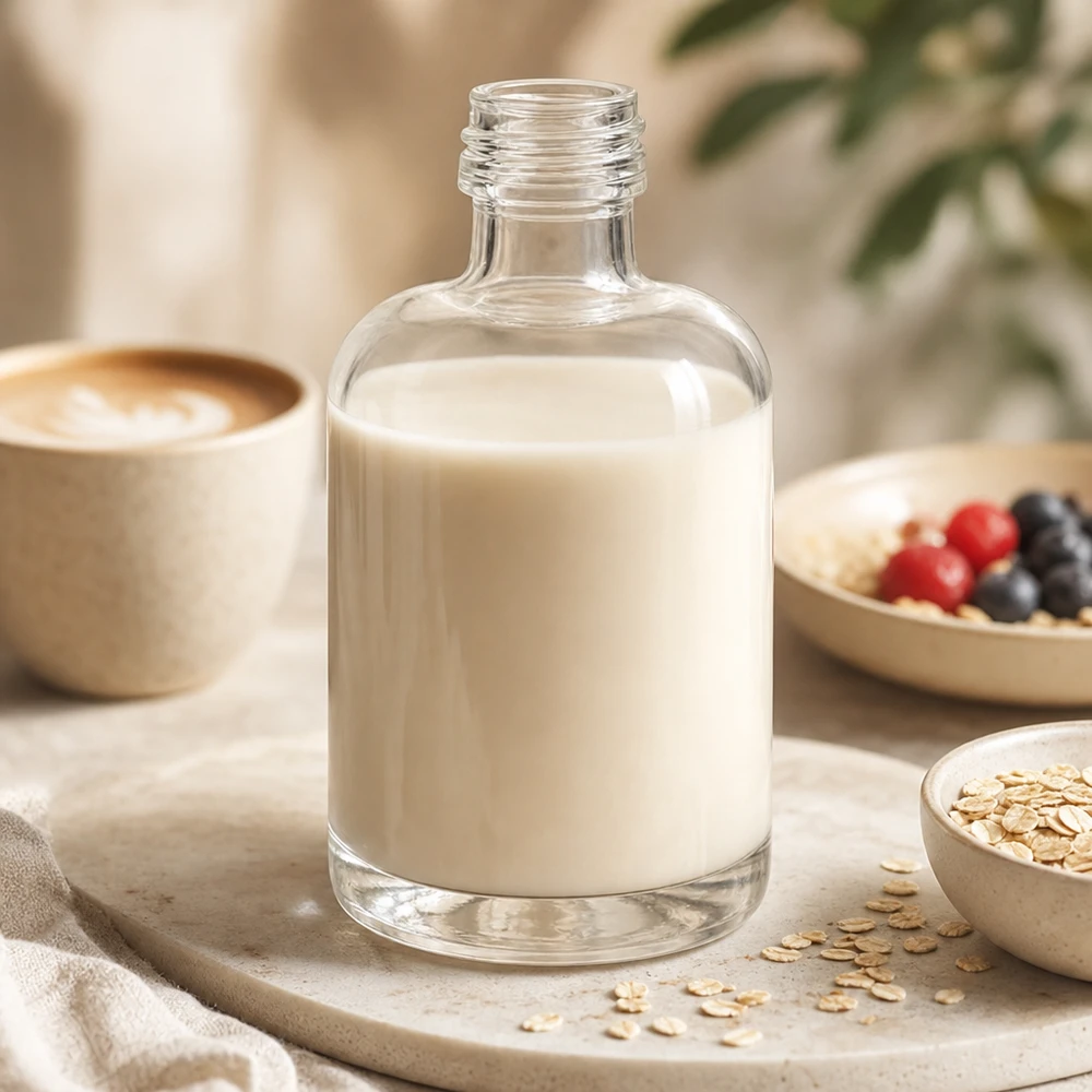 40ml Glasflasche "Sara" ohne Schraubverschluss UNiTWIST 40ml Glasflasche Sara mit cremiger Mandelmilch befüllt neben Haferflocken und Beeren für Küche und Wellness ohne Verschl