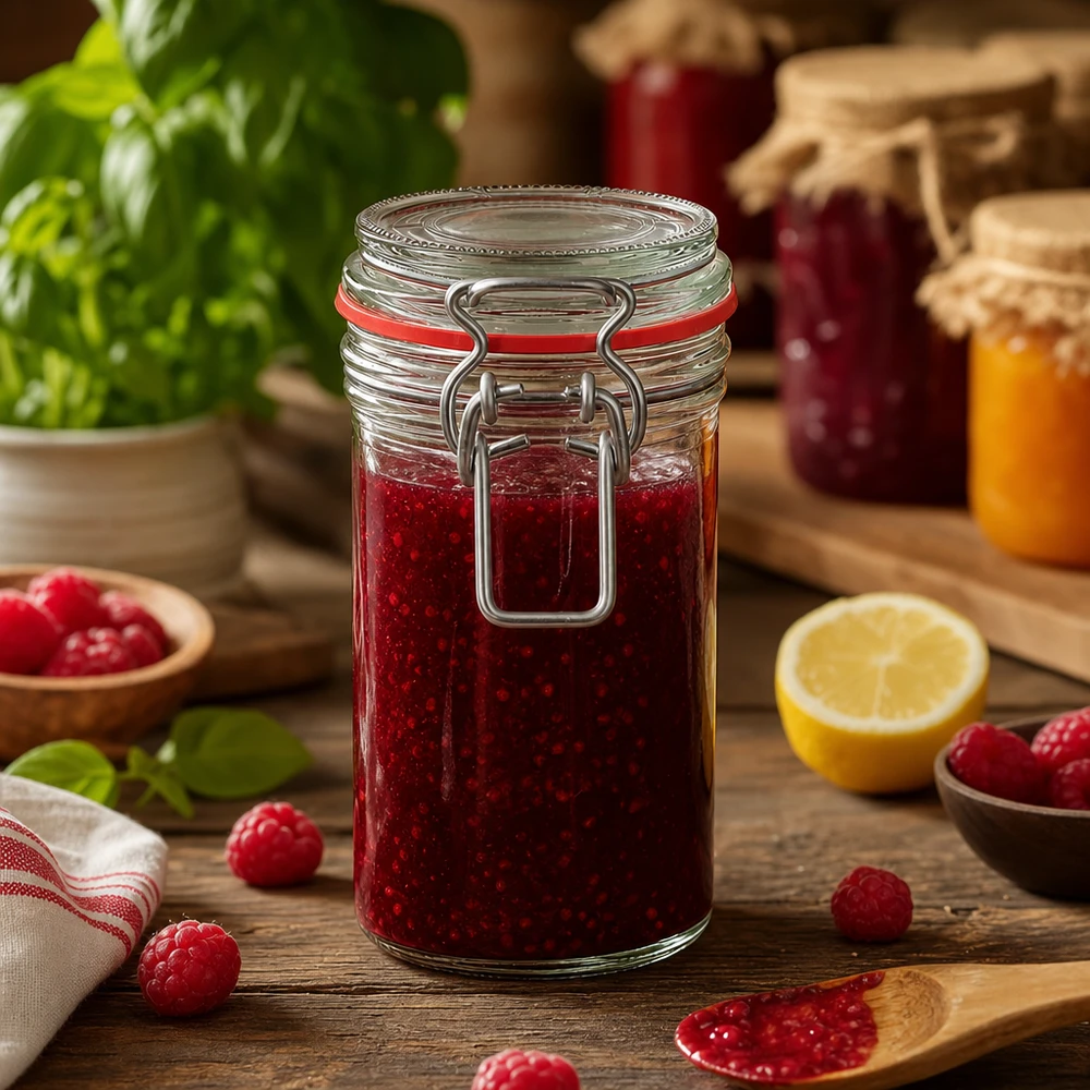 272ml Vorratsglas mit Bügelverschluss gefüllt mit roter Marmelade auf Holztisch mit frischen Himbeeren und Zitrone
