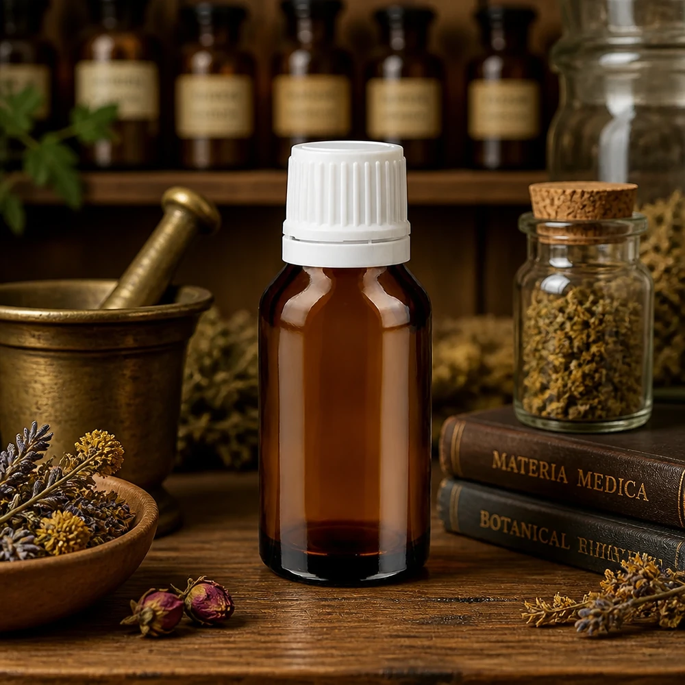 Apothekenflasche braun 15ml Schraubverschluss weiß Originalitätsverschluss Kleine Braunglas Tropfflasche 15ml mit OV vor Materia Medica Büchern und Kräutern