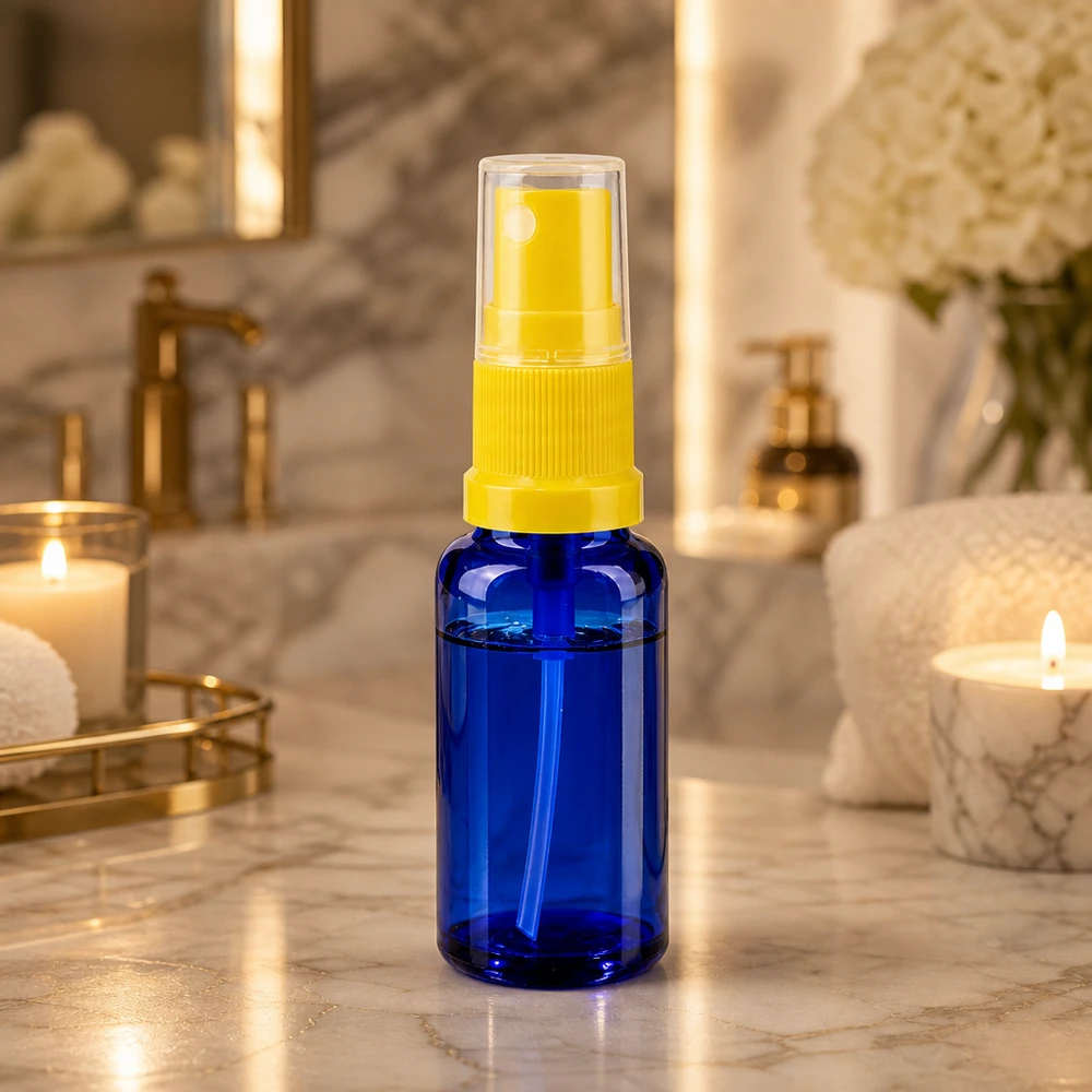 Apothekenflasche blau 20ml Sprayaufsatz gelb Kompakte blaue Apotheker Sprühflasche 20ml mit UV-Schutz Glas und transparenter Kappe