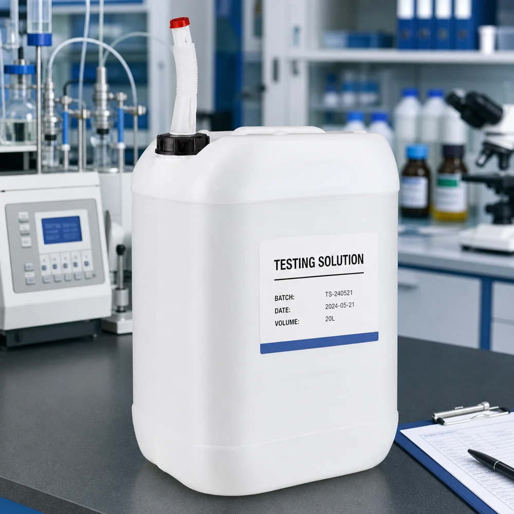 Beschrifteter Chemikalienkanister 20L mit flexiblem Einfüllstutzen im professionellen Labor