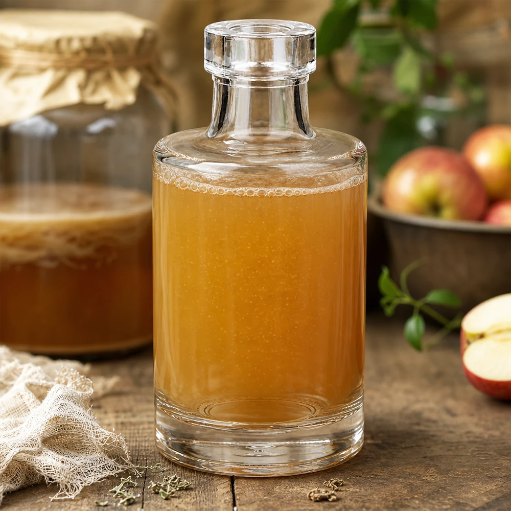 100ml Glasflasche Marie mit Apfelsaft gefüllt neben frischen Äpfeln und rustikalem Holzkorb in natürlicher Küchenszene