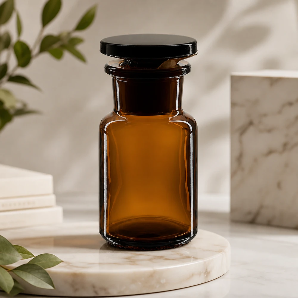 Rundschulterfl. 50ml braun Weithals Glasstopfen 50ml Braunglasflasche mit Weithals und Glasstopfen für lichtempfindliche Substanzen