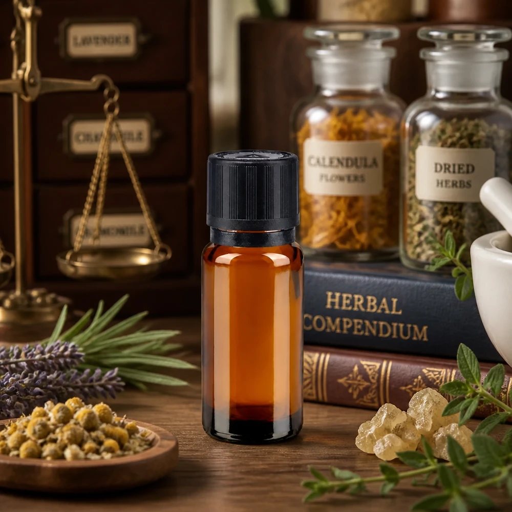 Apothekenflasche braun 10ml Tropfer Giessring 1mm schwarz Kindersicherung Blindenwarnsymbol Originalitätsverschluss Braunglasflasche 10ml mit OV Kindersicherung neben Herbal Compendium und getrockneten Heilkräutern