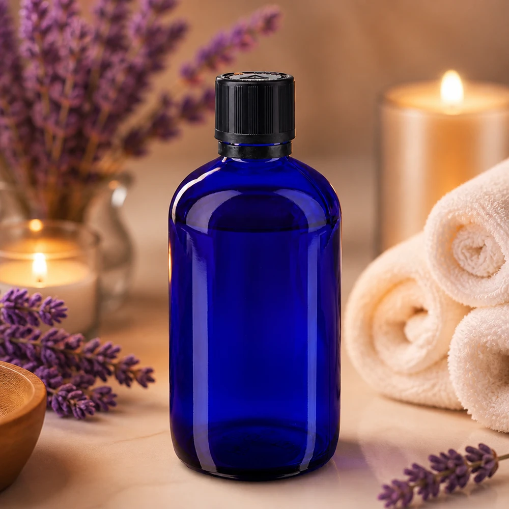 Blaue 100ml Glasflasche mit OV KiSi Verschluss und Tropfer für ätherische Öle und Aromatherapie