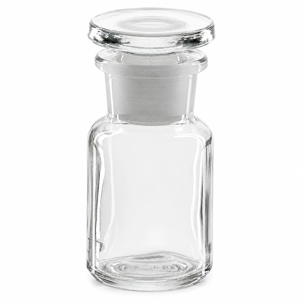 Kleine klare Glasflasche 50ml Rundschulter mit weißem Glasstopfen für Proben und Chemikalien