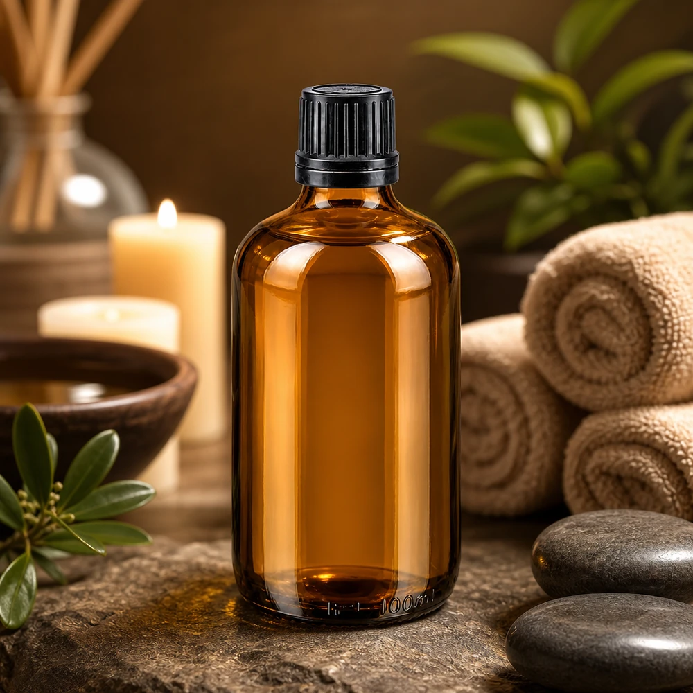 Braunglas Tropfflasche 100ml mit kindersicherem OV-Deckel neben Massagesteinen und Handtüchern