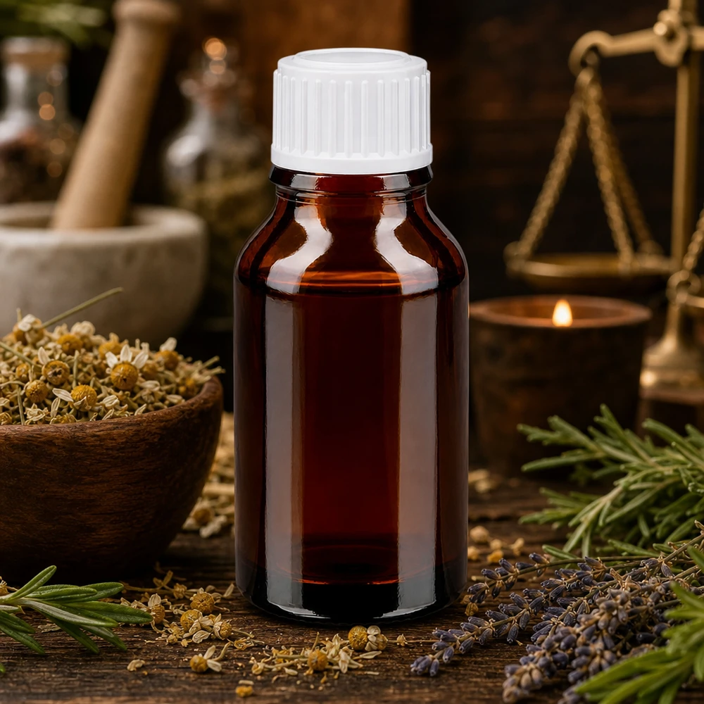 Kleine Apothekerflasche 15ml Braunglas mit weißem Dosierverschluss zwischen Kräutern