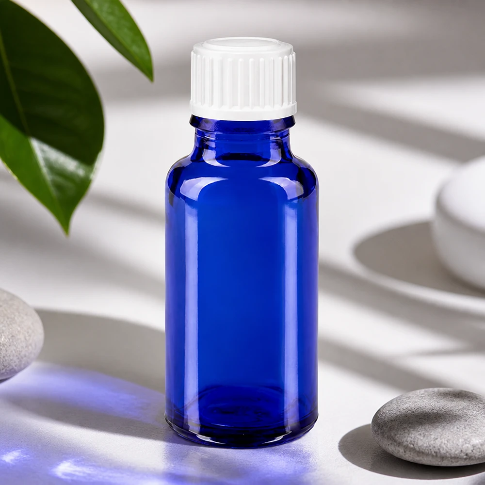 Apothekenflasche blau 20ml Schraubverschluss weiß Standard Kompakte Apothekerflasche 20ml in Blauglas mit kindersicherem Weißverschluss 11mm
