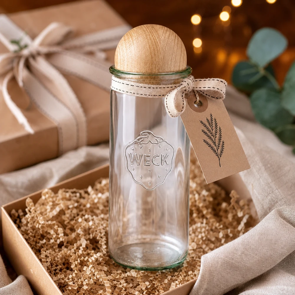 WECK Zylinderglas 1040ml RR80 mit Buchen-Holzkugel als Geschenkidee in dekorativer Verpackung mit Anhänger