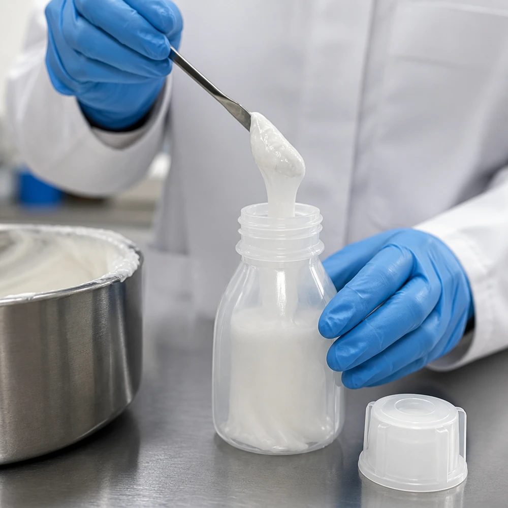 10ml Schraubflasche, Enghals Laborflasche Kosmetische Creme wird mit Metallspatel in 10ml PP Schraubflasche gefüllt weißer Kittel