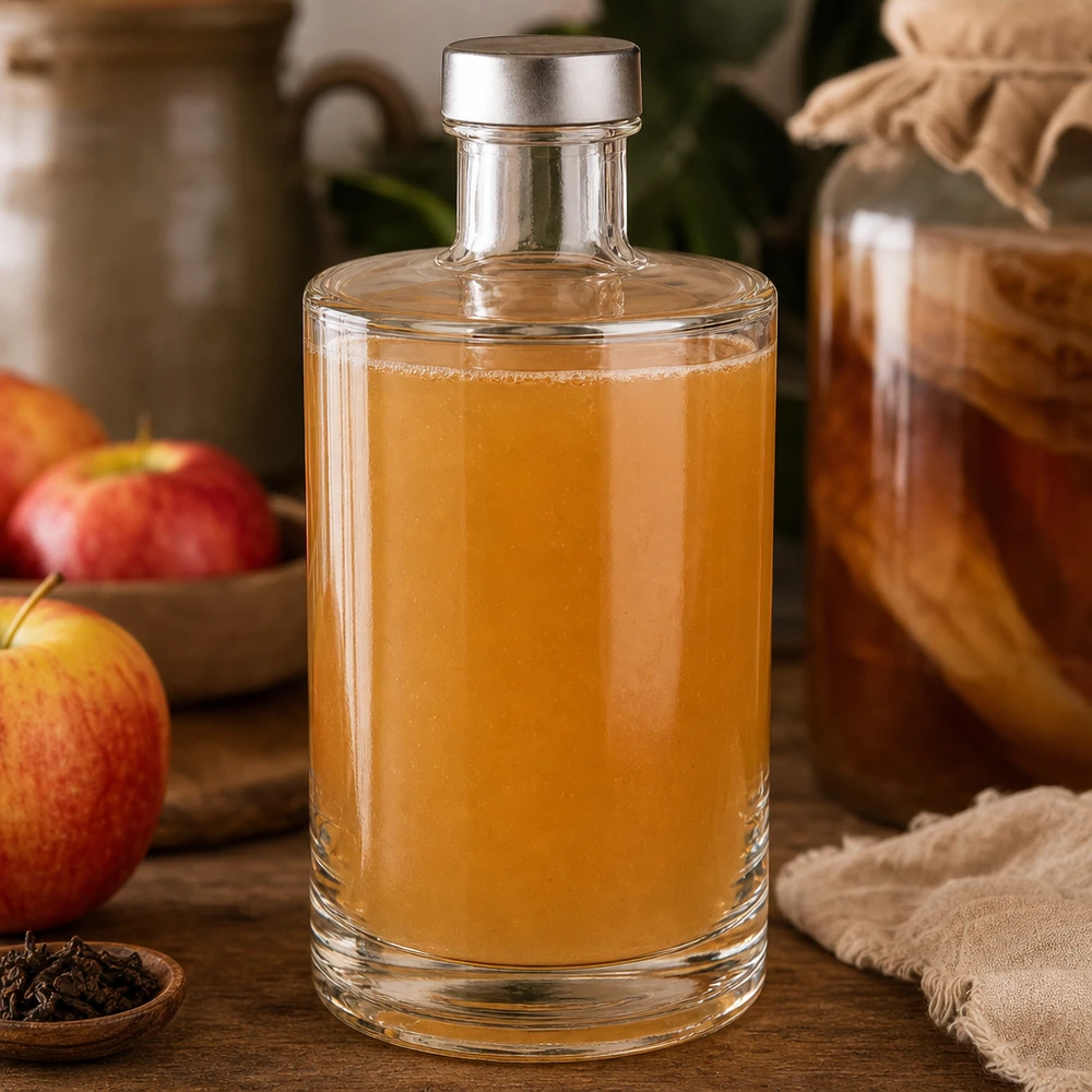 375ml Glasflasche Sam mit Apfelbrand-Füllung und silbernem Schraubverschluss neben frischen Äpfeln und Gewürzen