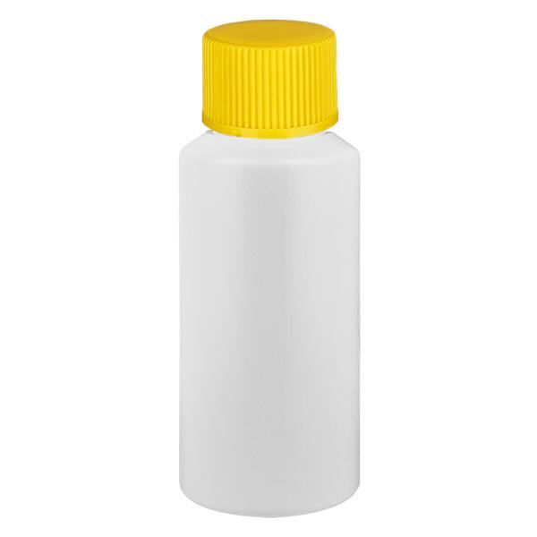 Apothekenflasche HDPE 30ml weiß, mit gelbem Schraubverschluss Apothekenflasche HDPE 30ml weiß, mit gelbem Schraubverschluss