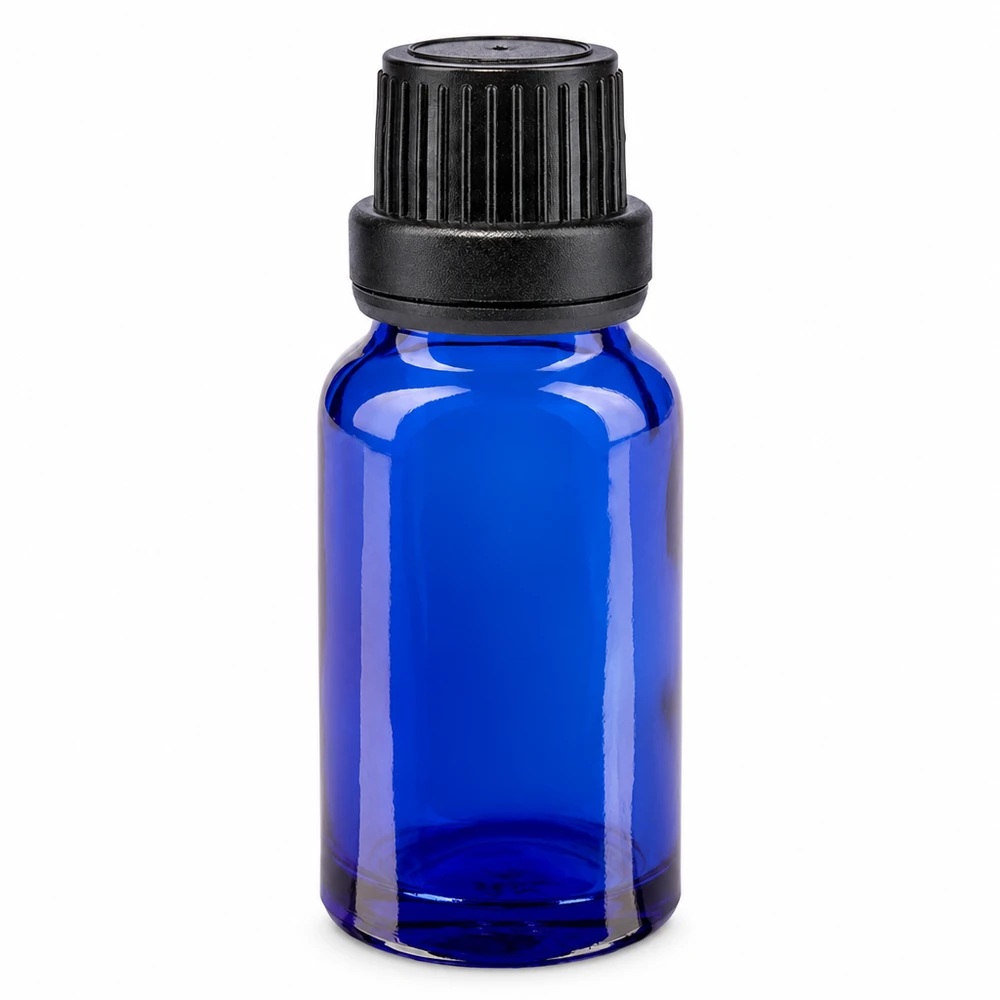 Kleine blaue Tropfflasche 10ml mit kindersicherem Schraubverschluss aus hochwertigem Borosilikatglas