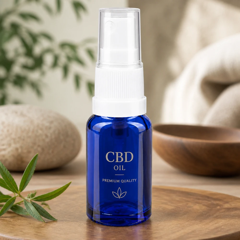 Kleine blaue Glasflasche 10ml mit weißem Sprühaufsatz und klarer Schutzkappe Seitenansicht