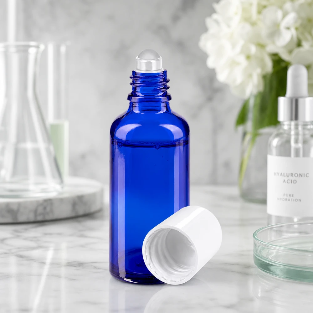 50ml Roll-On Flasche Kobaltblau mit weißem Schraubverschluss auf Marmor im Labor-Setting