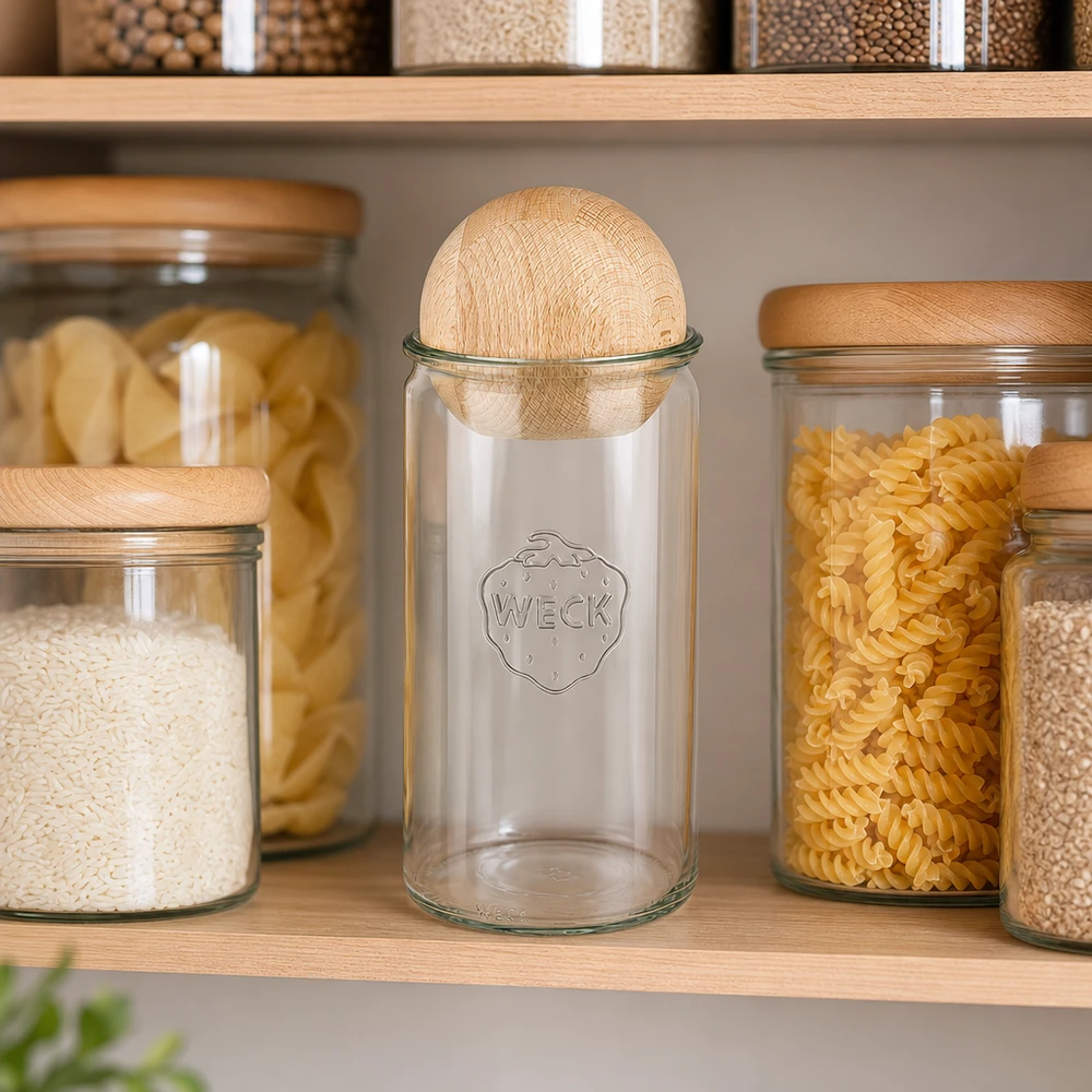 WECK Zylinderglas 1590ml RR100 mit Holzkugel in organisierter Vorratsküche neben Reis, Nudeln und anderen Lebensmitteln