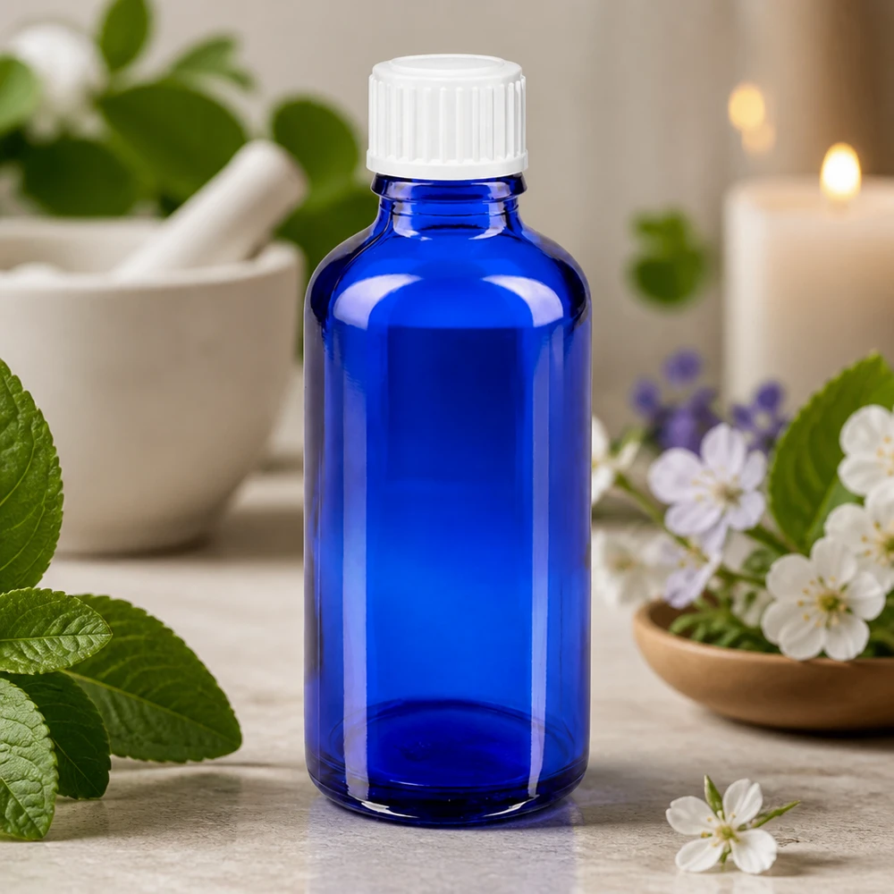 Apothekenflasche blau 50ml Schraubverschluss weiß Standard Kobaltblaue Apothekerflasche 50ml UV-Schutzglas mit weißem Verschluss für ätherische Öle