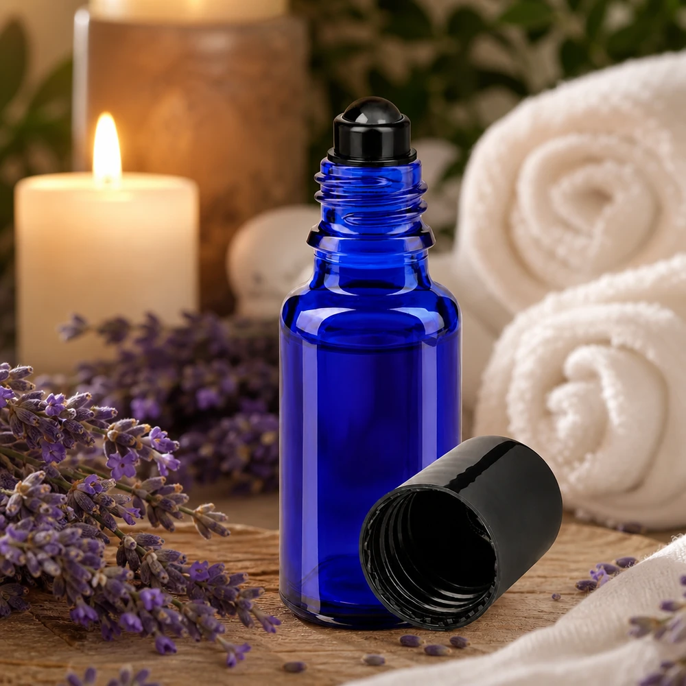 Kleine blaue Apothekerglasflasche 20ml mit Rollkugelverschluss und abgenommenem Deckel