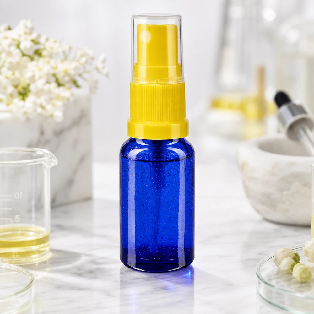 UV-Schutz Sprayflasche aus blauem Glas 30ml mit gelbem Verschluss für Laboranwendungen