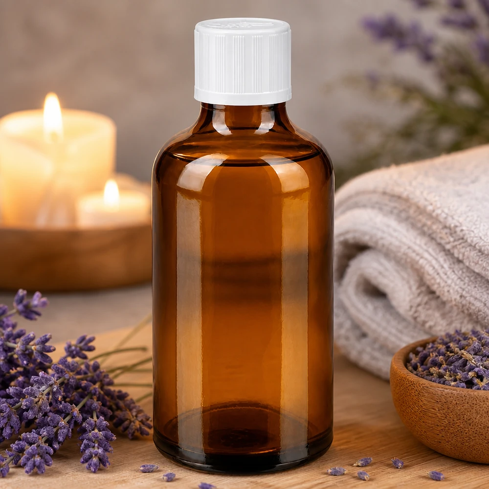 50ml Apothekerfl. aus Braunglas mit KiSi-Verschluss weiß in entspannender Aromatherapie-Umgebung