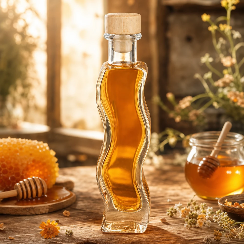 100ml Glasflasche "Melissa" mit Holzgriff-Korken UNiTWIST 100ml Glasflasche Melissa mit Honig befüllt rustikale Küche Holzkorken UNiTWIST Naturprodukte Aufbewahrung