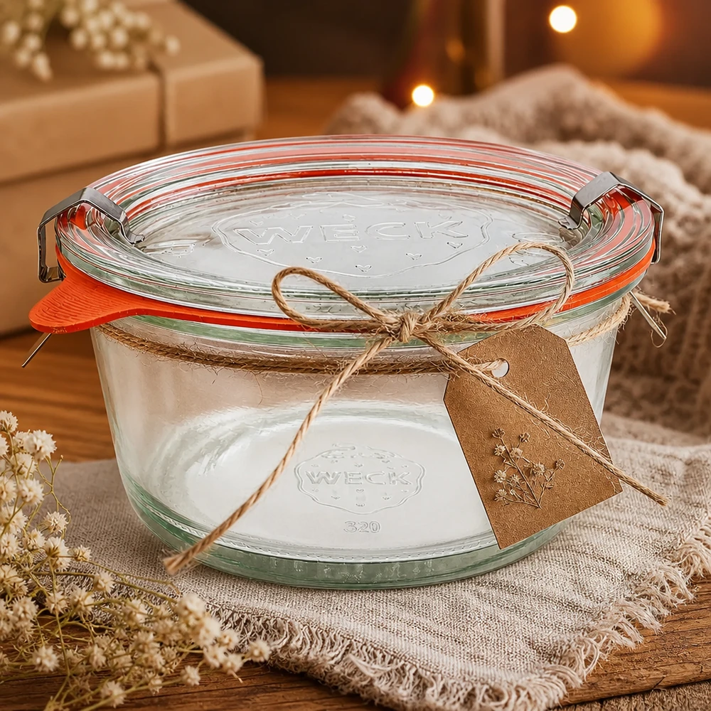 WECK Gourmetglas 450ml RR120 dekorativ arrangiert mit Juteschnur und Geschenkanhänger als Geschenkidee