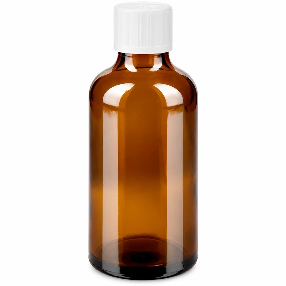 Apothekenflasche braun 50ml Tropfverschluss weiß Kindersicherung Standard Apothekenflasche 50ml aus braunem Glas mit weißem KiSi-Schraubverschluss und Standard-Tropfer