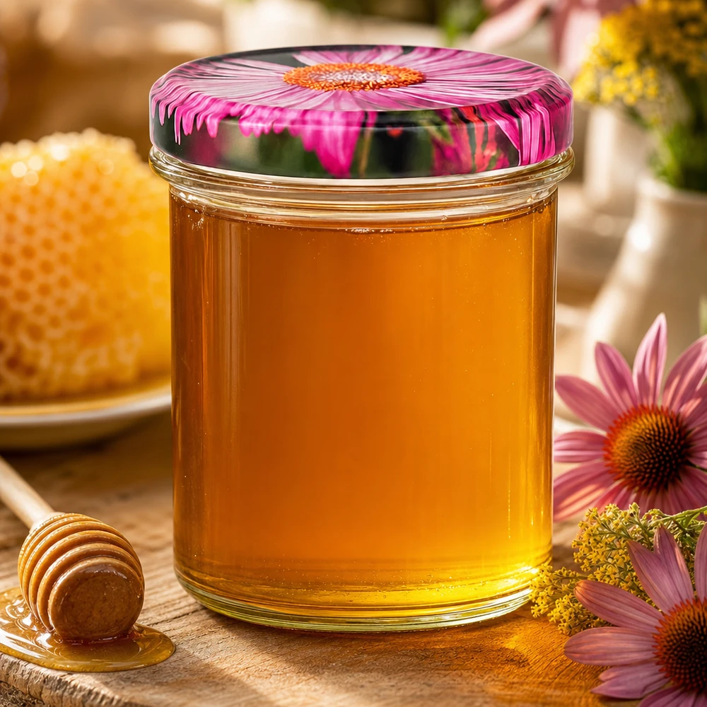 350ml Sturzglas + BasicSeal Deckel Blüten-Dekor UN Einmachglas 350ml mit Blüten-BasicSeal-Deckel gefüllt mit goldenem Honig neben Bienenwabe und Holzhonigstab