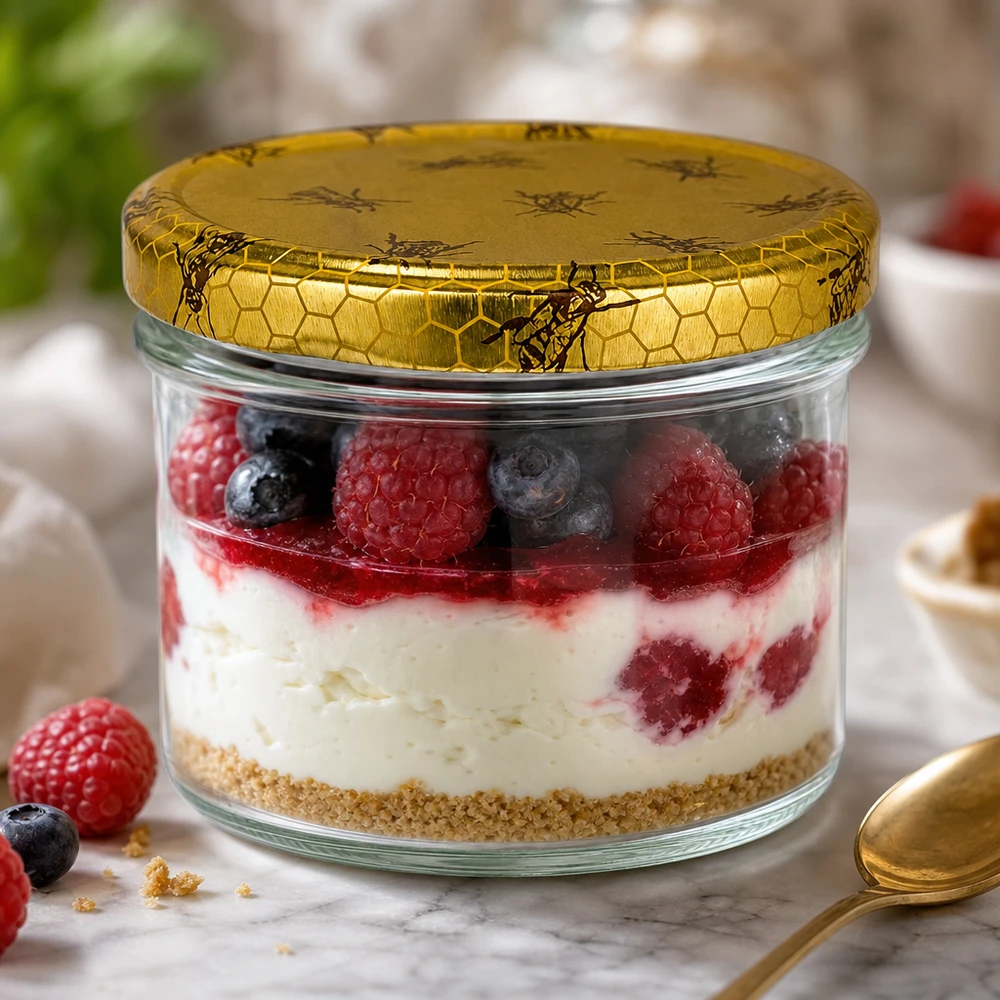 225ml Sturzglas + BasicSeal Deckel Bienenwabe UNiTWIST Dessert Parfait im 225ml Sturzglas BasicSeal Bienenwaben-Deckel mit Beeren Joghurt Schichtdessert Nachtisch Glas