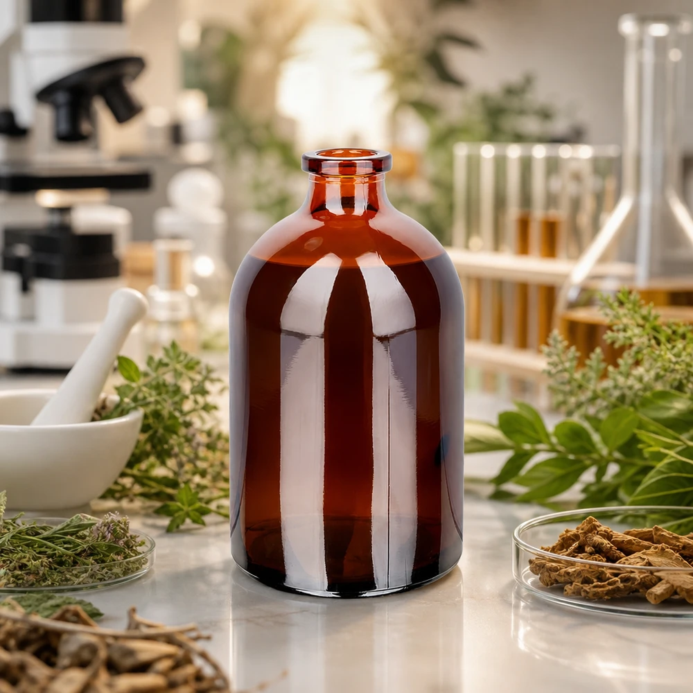 Injektionsflasche Braunglas 100ml Zylindrische Injektionsflasche Braunglas 100ml in naturmedizinischem Forschungslabor mit Reagenzgläsern