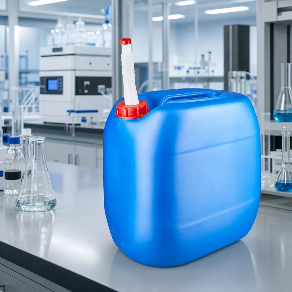 Kanister 30 Liter blau mit Auslaufrohr Flex Großvolumiger Blaukanister 30 Liter mit weißem Biegrohr und rotem Verschluss im Laborumfeld