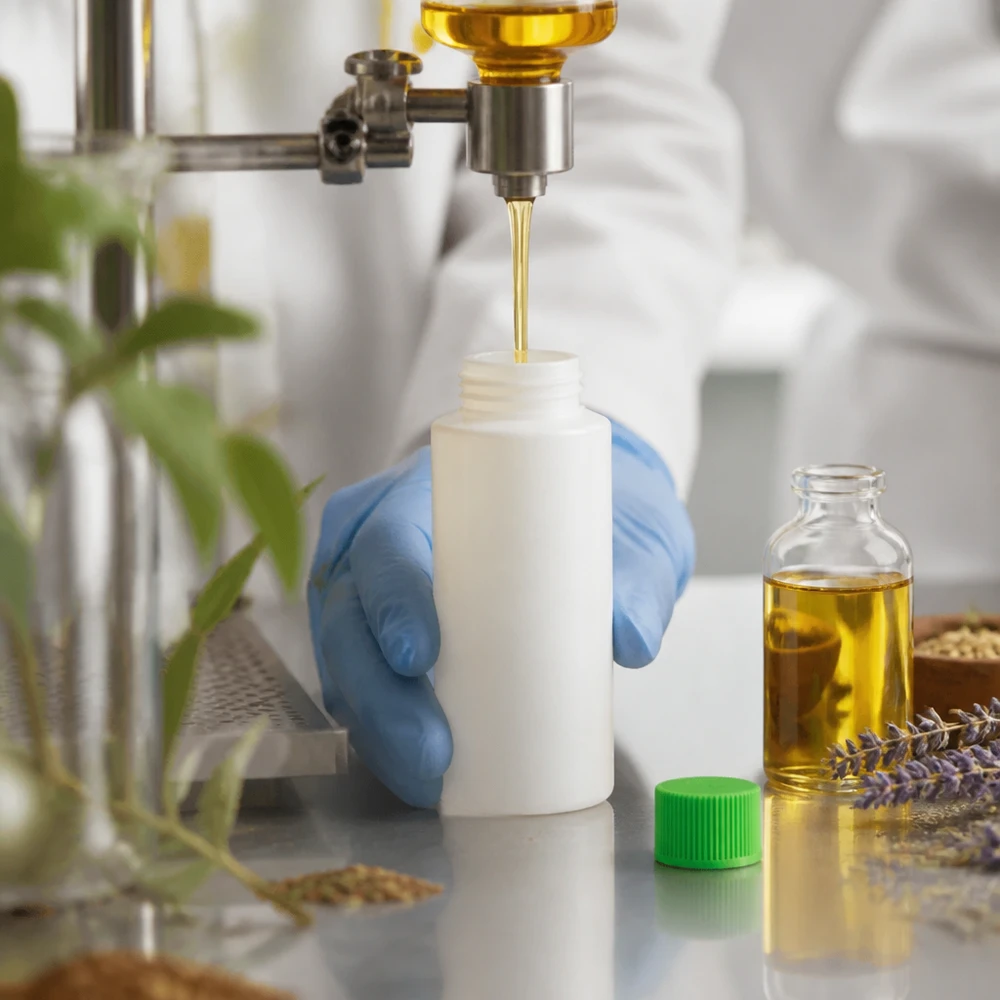 Chemikalienbeständige HDPE Rundflasche 30ml weiß mit grünem Verschluss für Öl-Abfüllung
