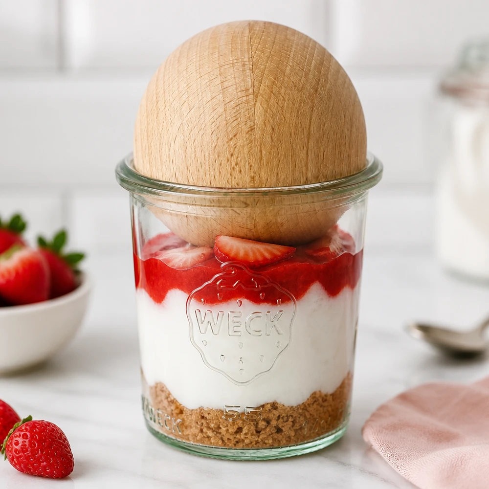 140ml Sturzglas WECK RR60 mit Holzkugel Buche WECK Sturzglas 140ml RR60 als stylisches Dessertglas mit Erdbeeren und Sahne, Buche-Holzkugel als dekorativer Deckel
