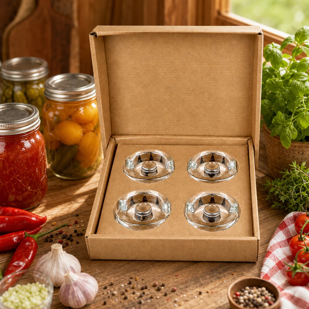 Fermentier-Glasgewichte mit Griff 4er Set UNiTWIST UNiTWIST Fermentier-Glasgewichte 4er Set in Geschenkbox umgeben von frischen Kräutern und bunten Einmachgläsern