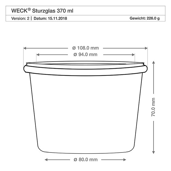 370ml Sturzglas mit Glasdeckel WECK RR100 WECK Sturzglas 370ml RR100 technische Zeichnung Maße Abmessungen 108mm Durchmesser 70mm Höhe Produktspezifikation
