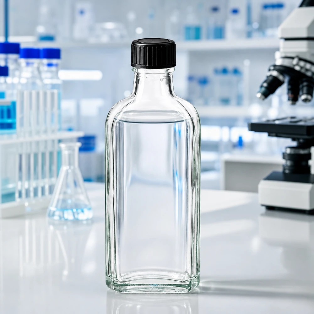 100 ml Meplat klar Schraubverschluss mit LKD-Dichtscheibe Rechteckige Klarglasflasche 100ml Meplat mit sicherem Schraubverschluss für Laboranwendungen