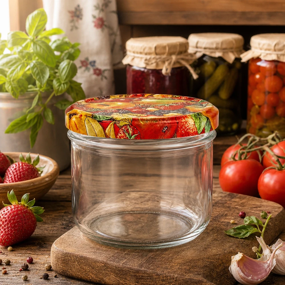 Leeres 260ml Sturzglas mit dekorativem Obst-Deckel in rustikaler Küchenszene mit frischen Zutaten und Einmachgläsern