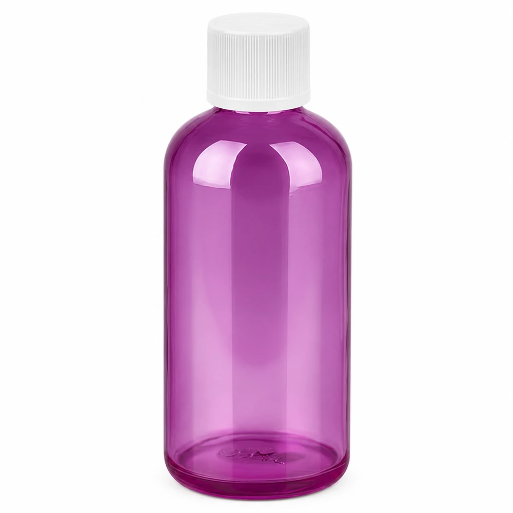 100ml Flasche 11mm Schraubverschluss weiß Standard Kindersicher PurpleLine. UT18/100 Runde 100ml Flasche mit schlanker Form in purple für professionelle Produktabfüllung