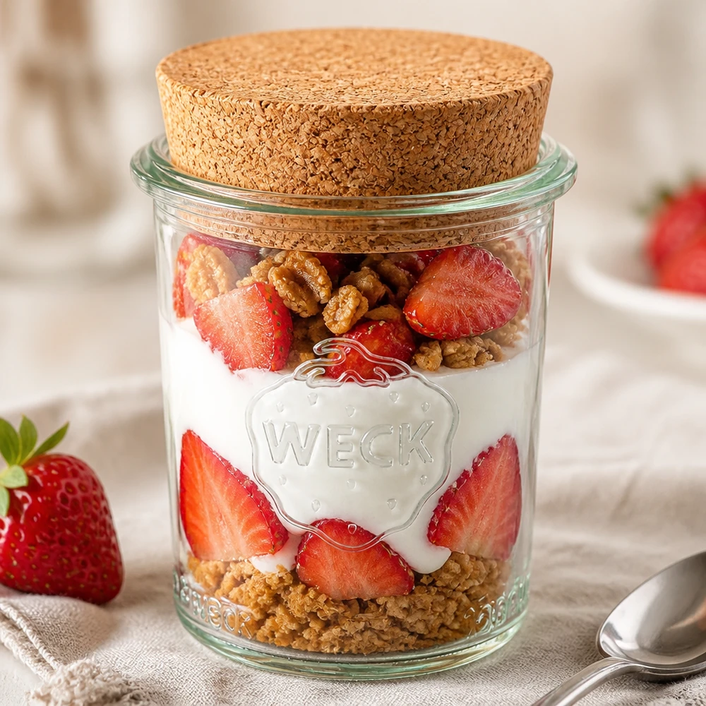 160ml Sturzglas WECK RR60 mit Korken natur WECK Sturzglas 160ml RR60 gefüllt mit Joghurt Erdbeeren und Nüssen als Dessert im Glas mit Korkdeckel