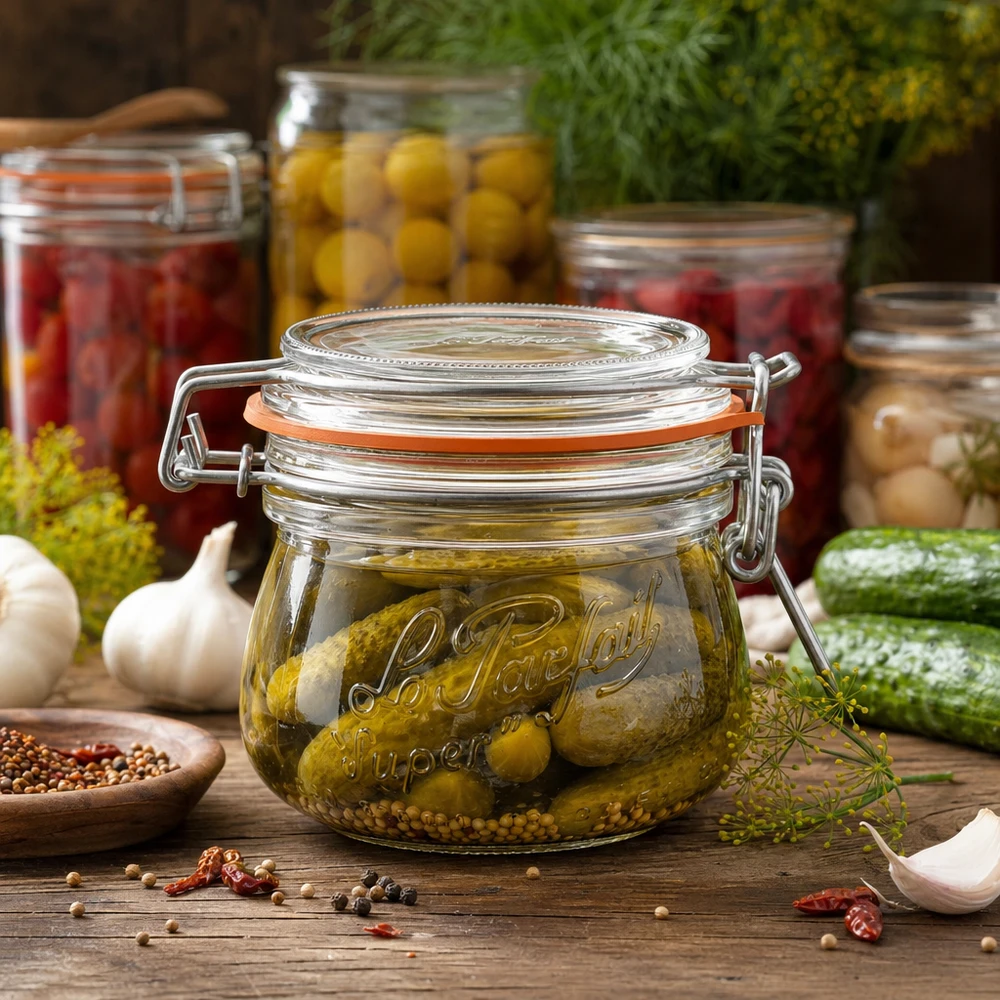 250ml Le Parfait Super Vorratsglas mit Bügelverschluss gefüllt mit eingelegten Gurken auf Holztisch mit Gewürzen