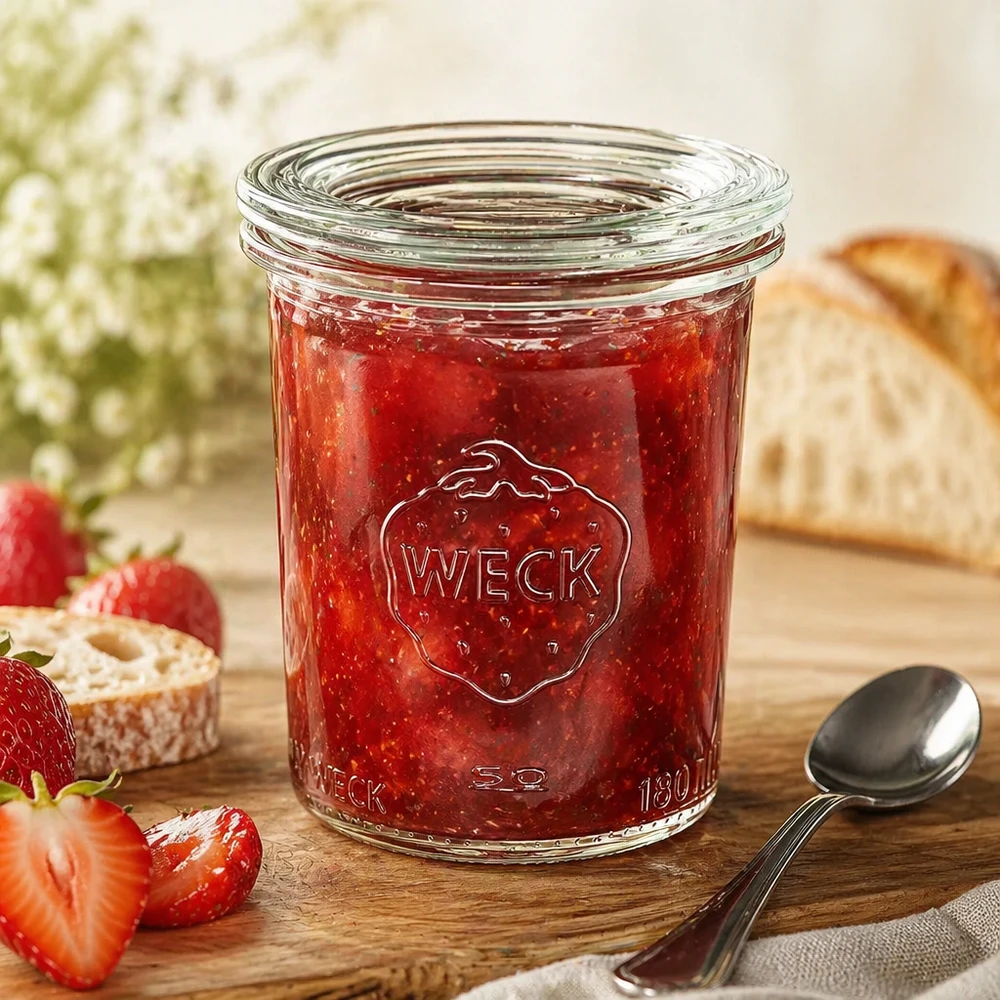 WECK Sturzglas RR60 160ml mit roter Erdbeermarmelade und Löffel, dekorativ arrangiert mit Brot und Erdbeeren