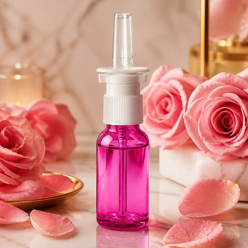 20ml Nasensprayflasche weiß/transparent Standard PurpleLine. UT18/20 Handliche 20ml Sprayflasche in Purple für medizinische und kosmetische Nasensprays