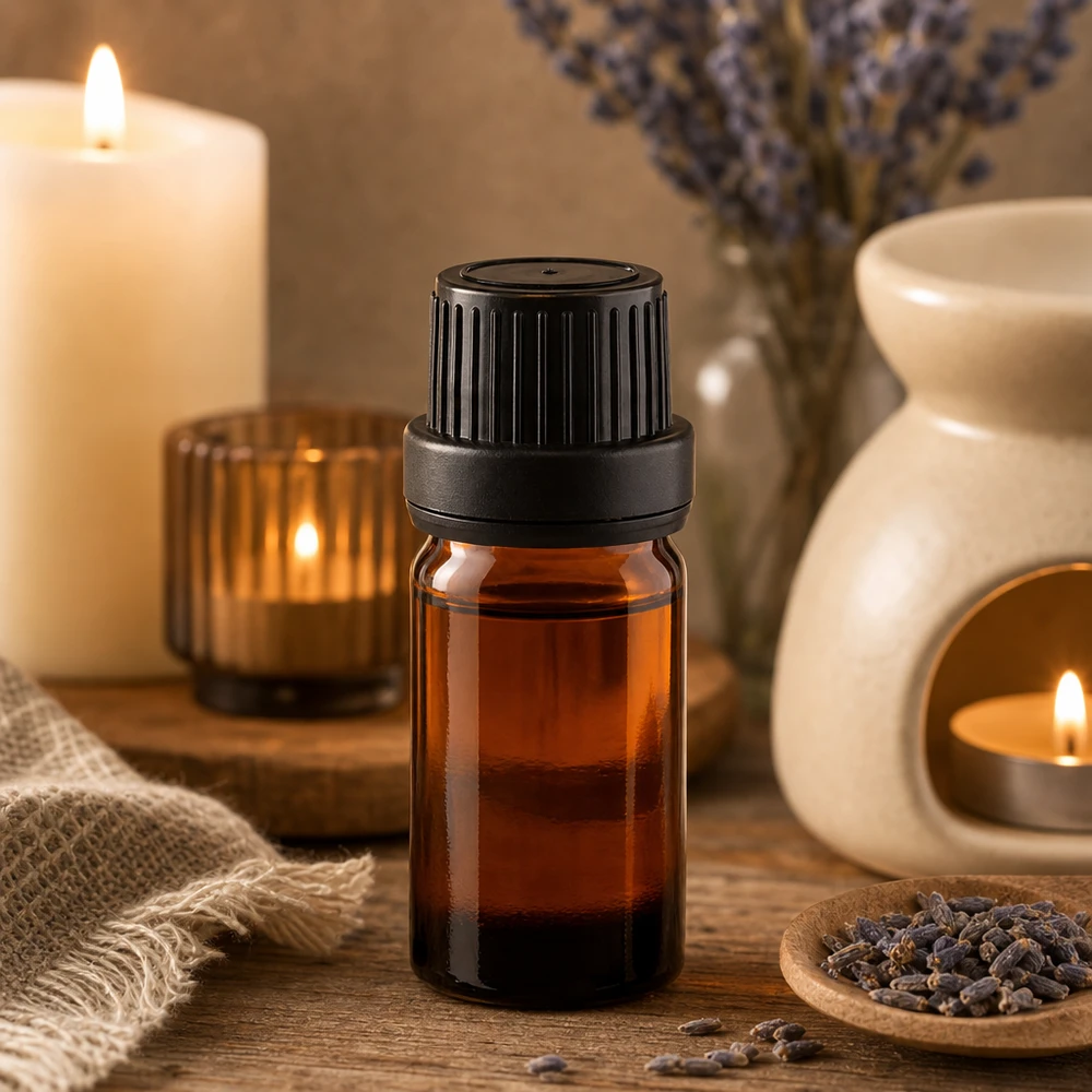 Ätherisches Öl in 5ml Apothekerflasche braun mit OV-Verschluss schwarz auf Holztisch