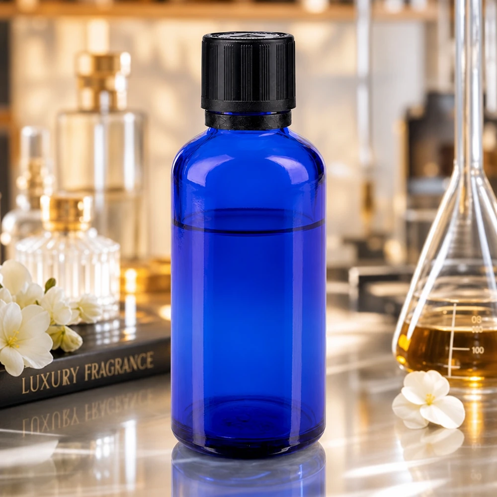 Apothekenflasche blau 50ml Tropfer Giessring 1mm schwarz Kindersicherung Blindenwarnsymbol Originalitätsverschluss Kobaltblaue Apothekerglas-Tropfflasche 50ml mit kindersicherem Verschluss in Luxusparfümerie-Umgebung